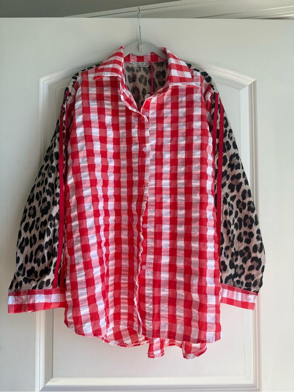 Red & White Gingham Button-Up Shirt with Leopard-Print Sleeves